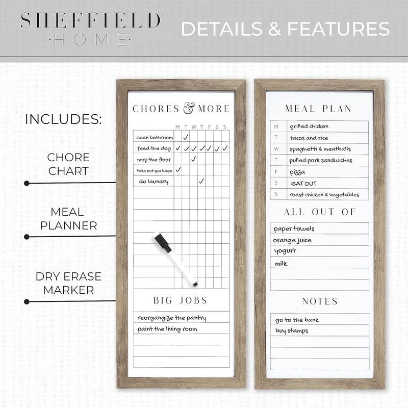 Sheffield Home Set of Two Family Planner Dry Erase Boards Featuring, Shopping List, Weekly Meal Planner and Notes, 9x21 Inch