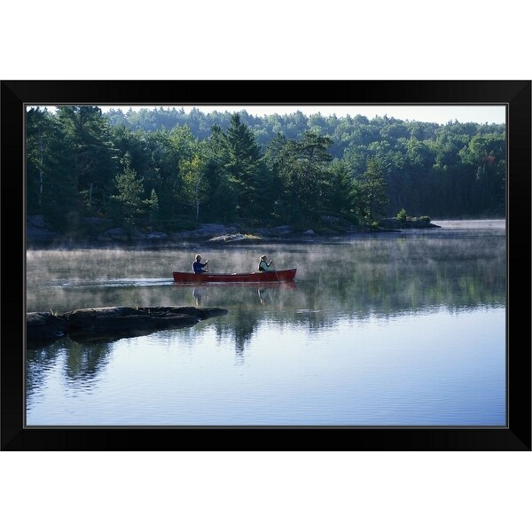 "Couple Canoeing on Lake, Haliburton, Ontario, Canada" Black Framed Print