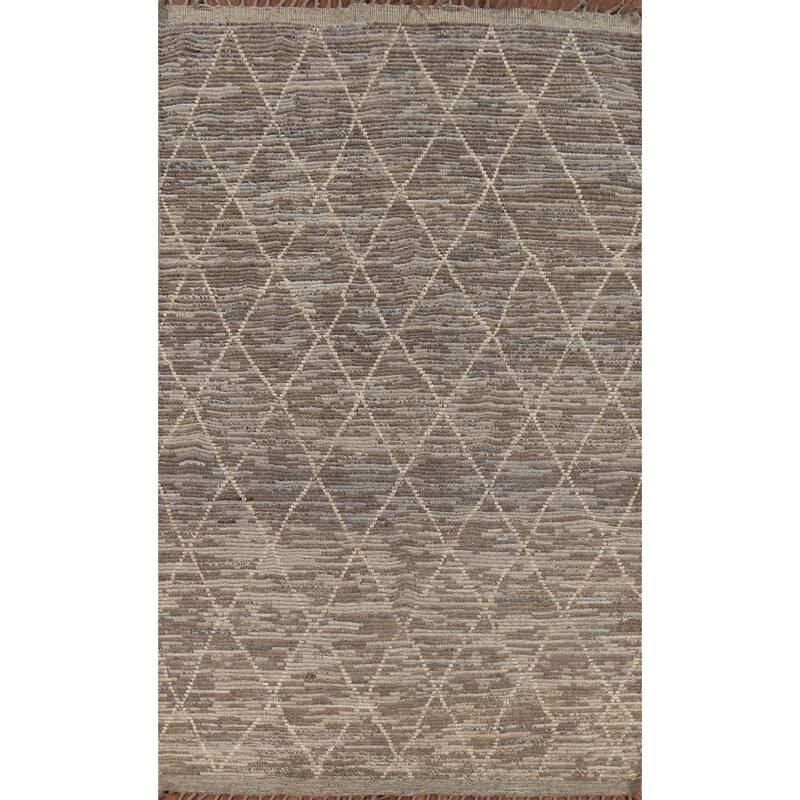 All-Over Trellis Moroccan Oriental Area Rug Handmade Beige Wool Carpet - 5'8"x 9'6"