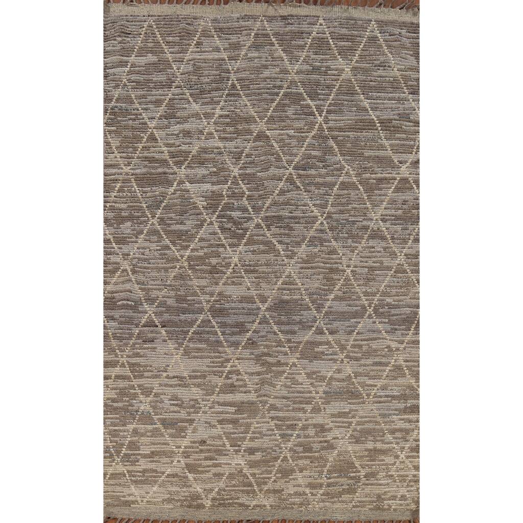 All-Over Trellis Moroccan Oriental Area Rug Handmade Beige Wool Carpet - 5'8"x 9'6"