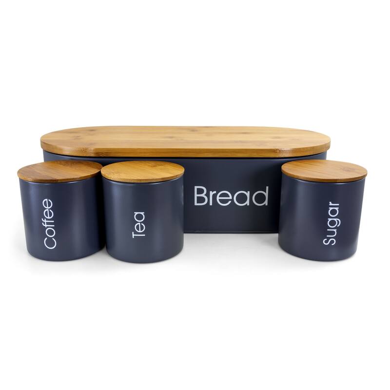 4 Piece Bamboo and Metal Bread Container and Can Storage Set in Gray with Lids