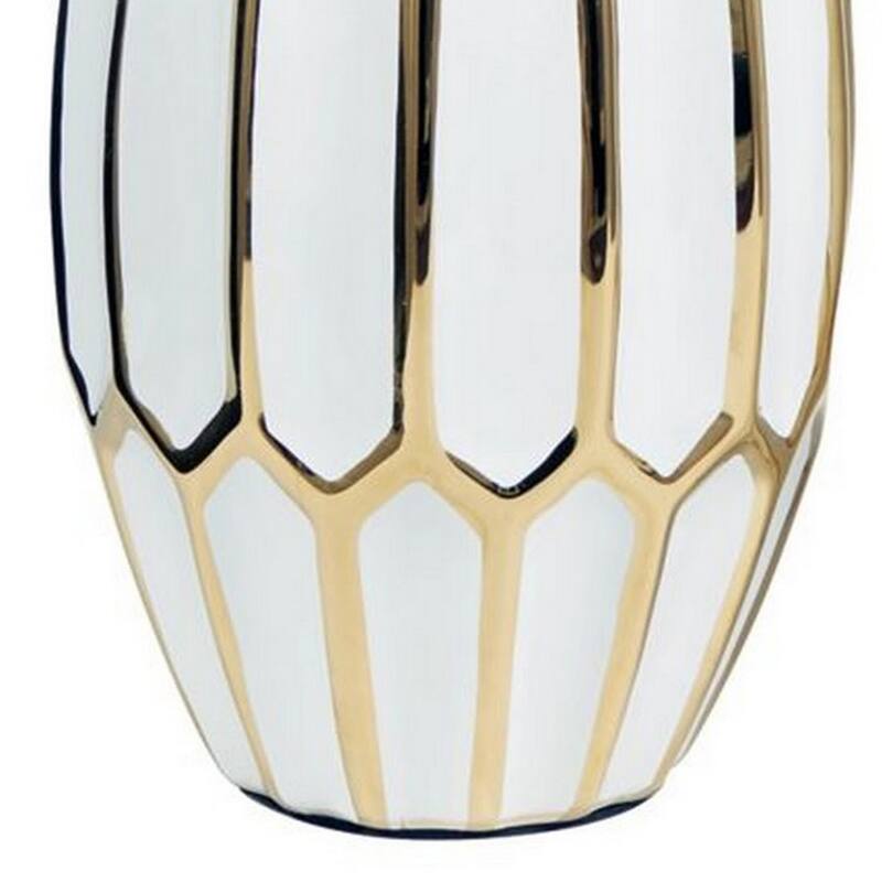 Vase with Honeycomb Geometric Design, Set of 2, White and Gold