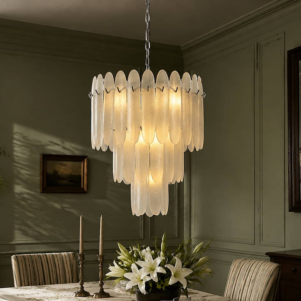 LNC 7-Light Modern Luxury 3-Tier Lantern Chandelier with Textured Frosted Glass Silver Metal Ceiling Lights