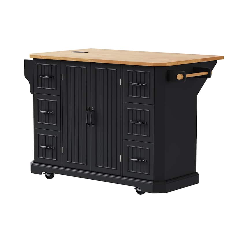 Farmhouse Kitchen Island with Drop Leaf & Power Outlet, 56" Folding Kitchen Table with 6 Drawers and 4 Shelves, Towel Rack