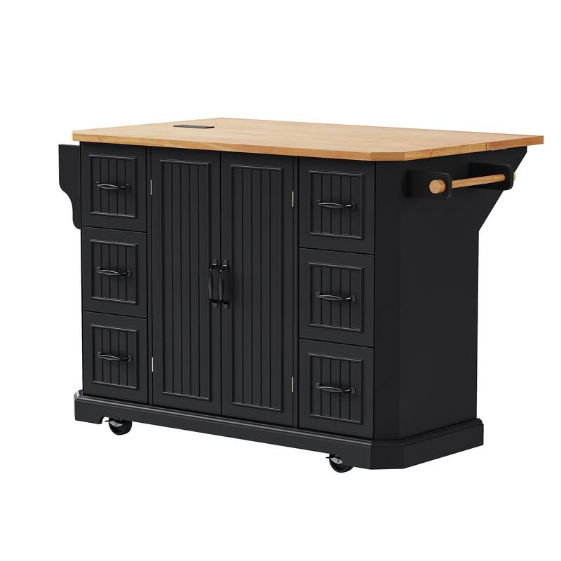 Kitchen Island Embossed Vertical Stripe Rolling Kitchen Cart with Rubber Wood Veneer Drop Leaf