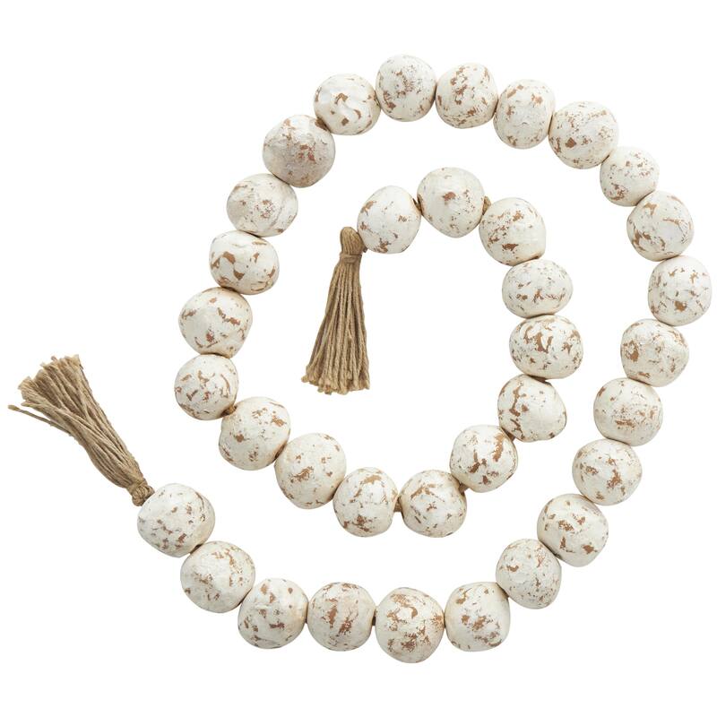 Ceramic Handmade Round Intricately Shaped Large Distressed Beaded Garland with Tassel - Roche River Decor - White - 62"L