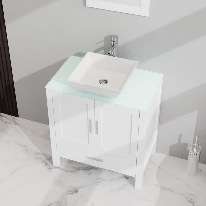 30" Bathroom Vanity Combo with Glass Top and Ceramic Sink, Soft-Close Cabinet and Drawer, Mirror Included
