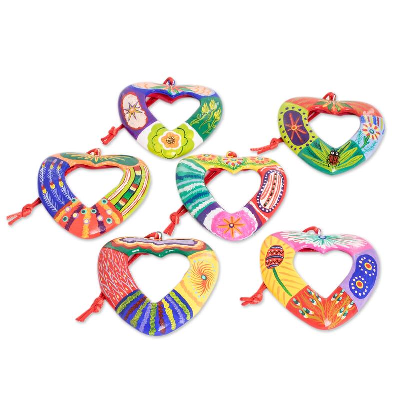 Novica Handmade Flora And Fauna Heart Ceramic Ornaments (Set Of 6)
