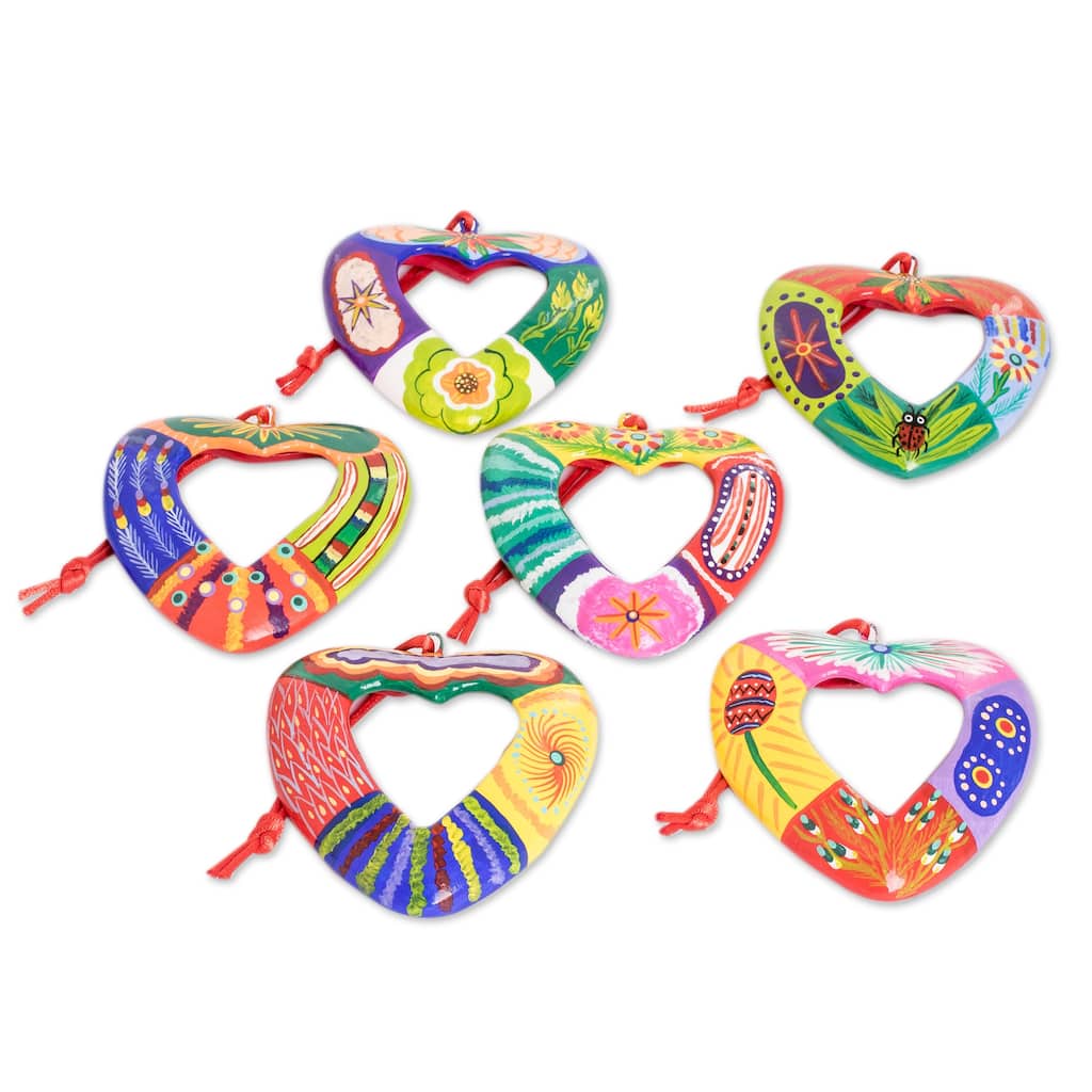 Novica Handmade Flora And Fauna Heart Ceramic Ornaments (Set Of 6)