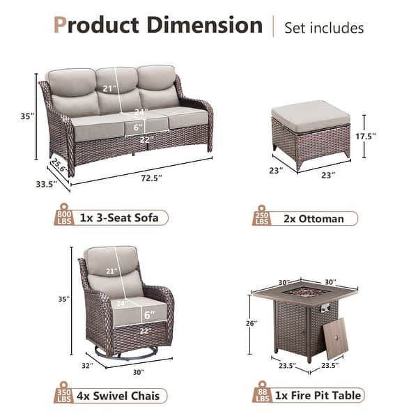 dimension image slide 1 of 11, Pocassy Outdoor Wicker Sofa with Swivel Chair Fire Pit Table Furniture Set.