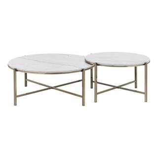 2 Piece Marble Nesting Table Set with Metal Frame in White and Champagne