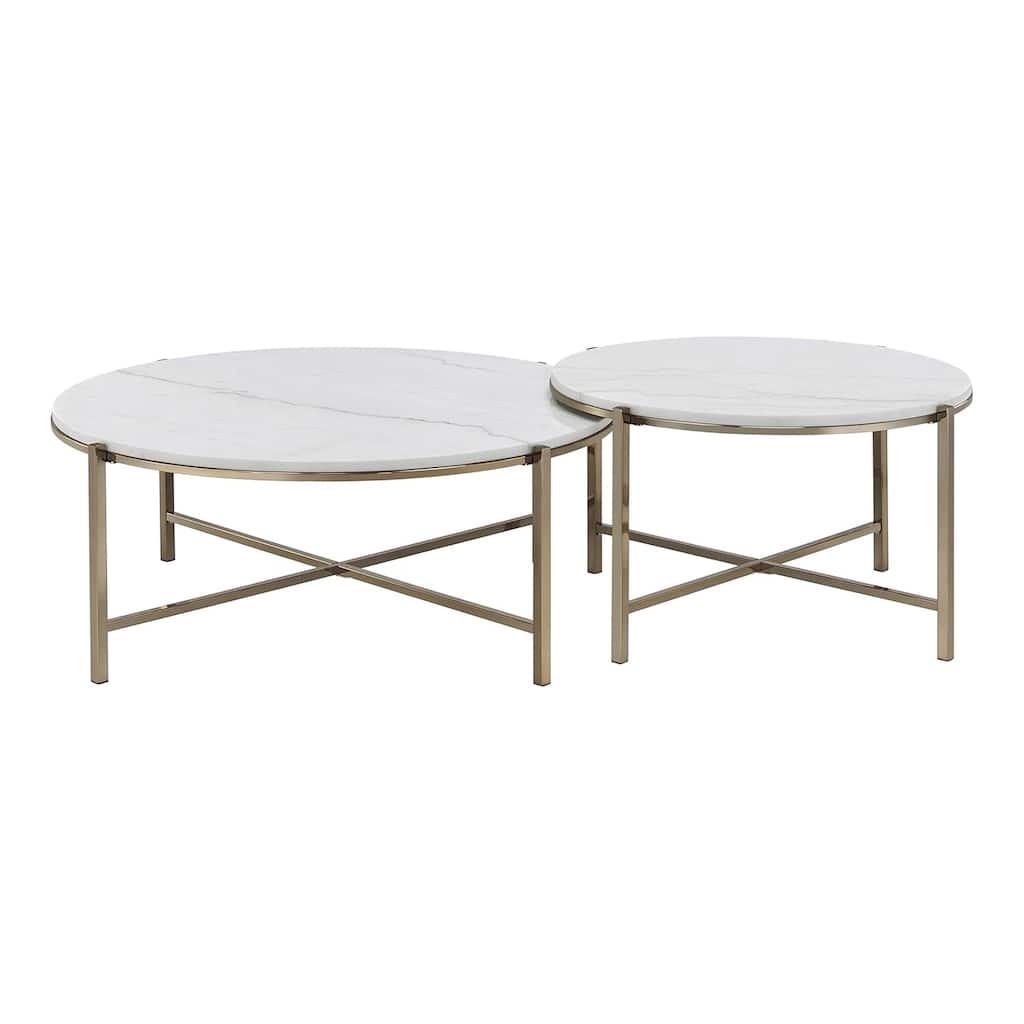 2 Piece Marble Nesting Table Set with Metal Frame in White and Champagne
