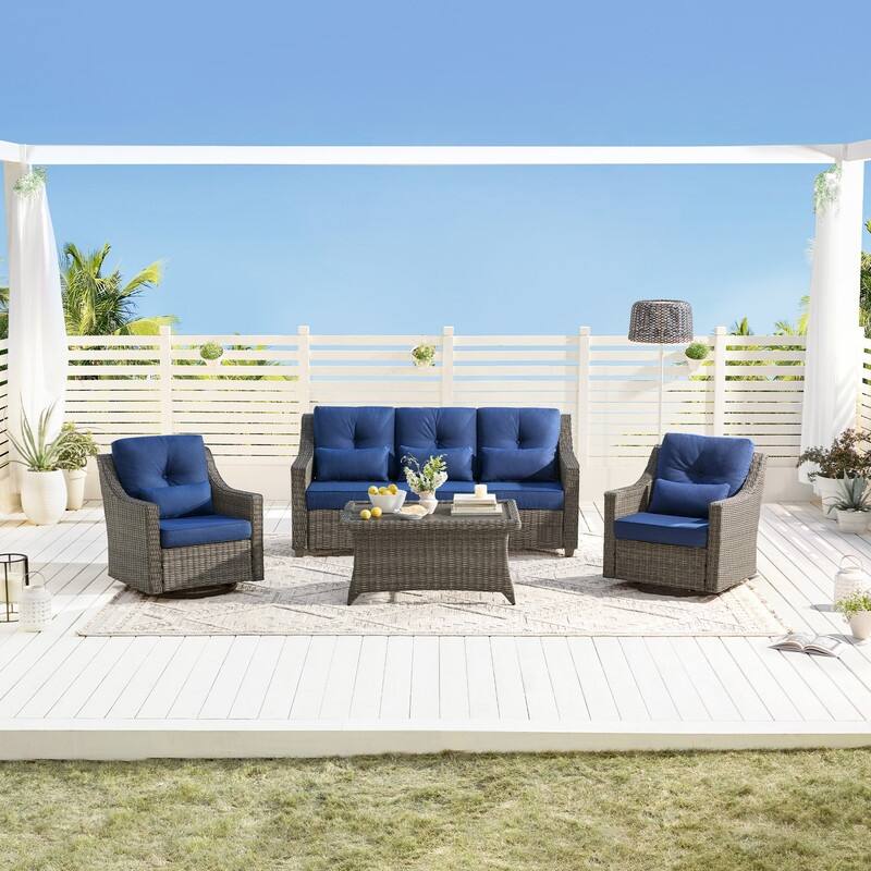 Murphy Outdoor Wicker Patio Outdoor Sofa Swivel Chair Coffee Table