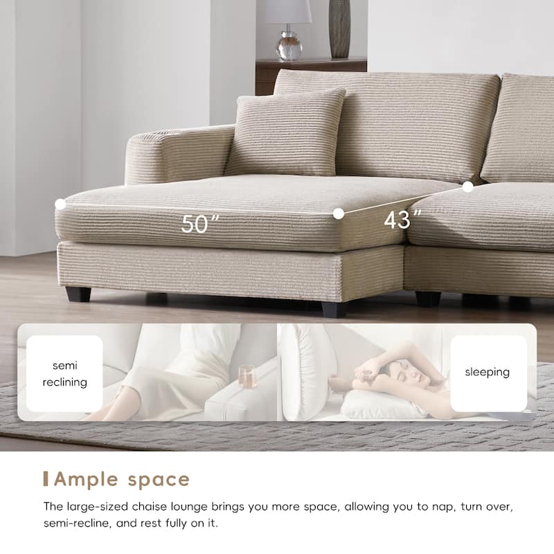 Corduroy Sectional Sofa with Chaise, USB Ports, Cup Holders - Comfy Living Room Furniture