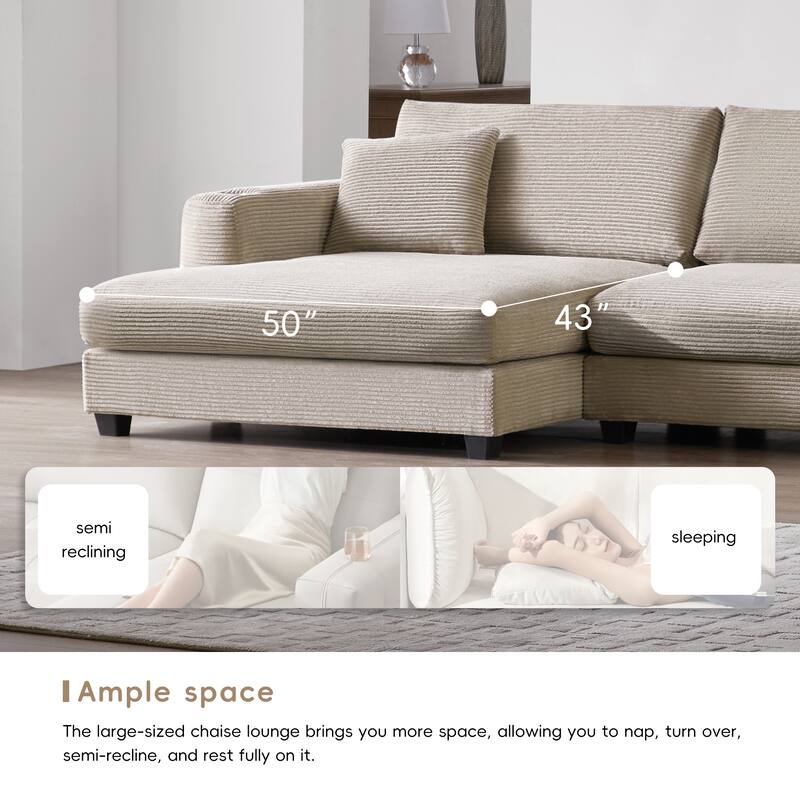 Oversized Corduroy Sectional Sofa,L-Shaped Cloud Couch with USB Charging Port,Cup Holder