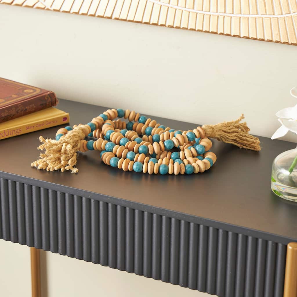 Teal Mango Wood Handmade Round Long Carved Beaded Garland with Tassel with Brown Beaded Disks