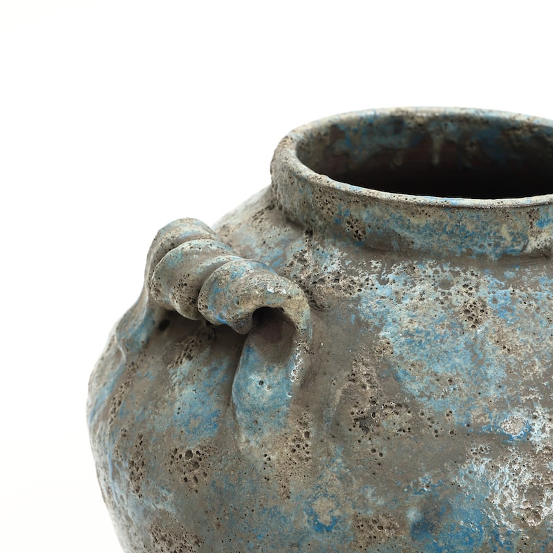 Antiqued Blue & Brown Terracotta Vase with Handles, Vintage Pottery