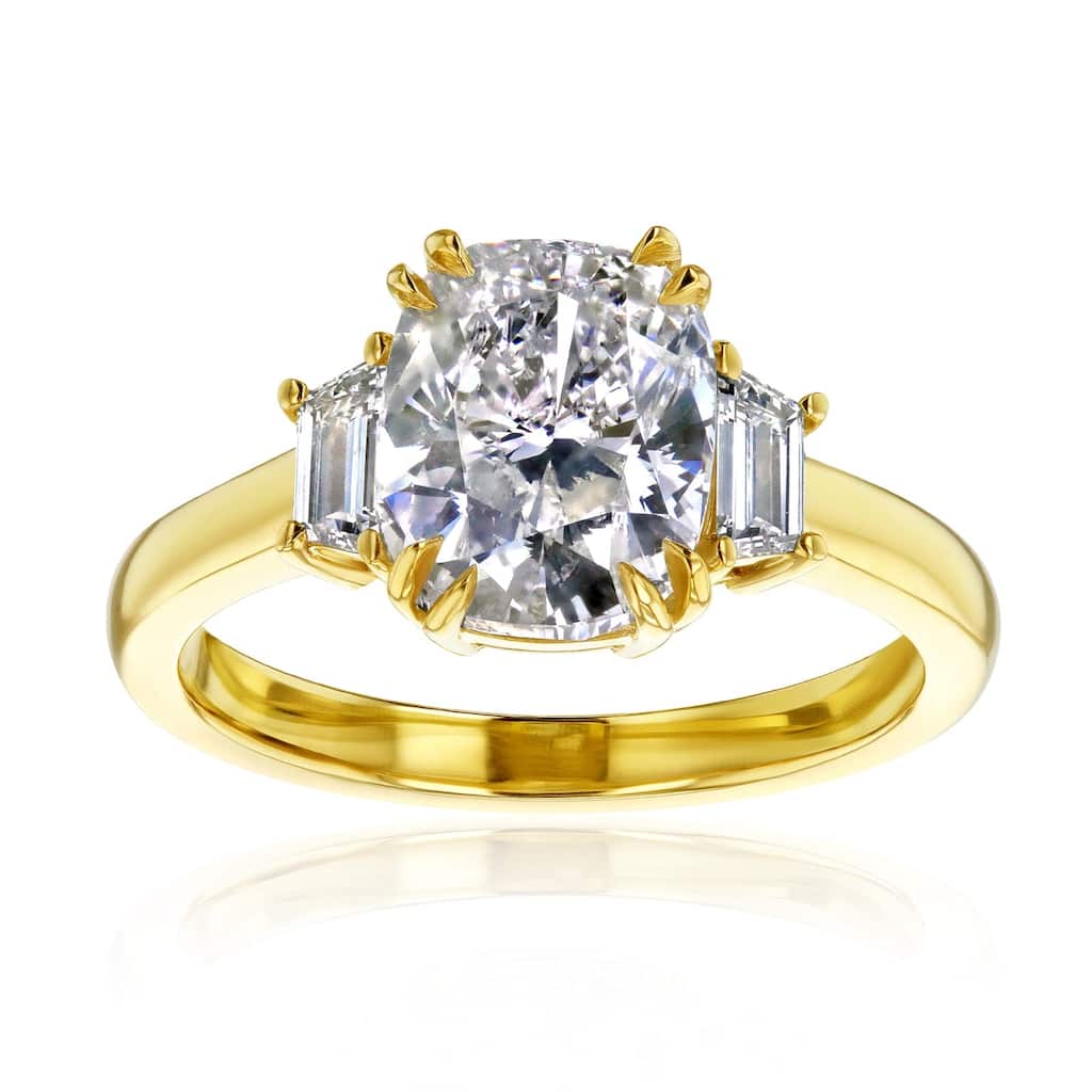 Kobelli 3.32 Carat Natural Diamond IGI Certified 18k Yellow Gold 3-Stone Cushion & Trapezoid Meghan Engagement Ring