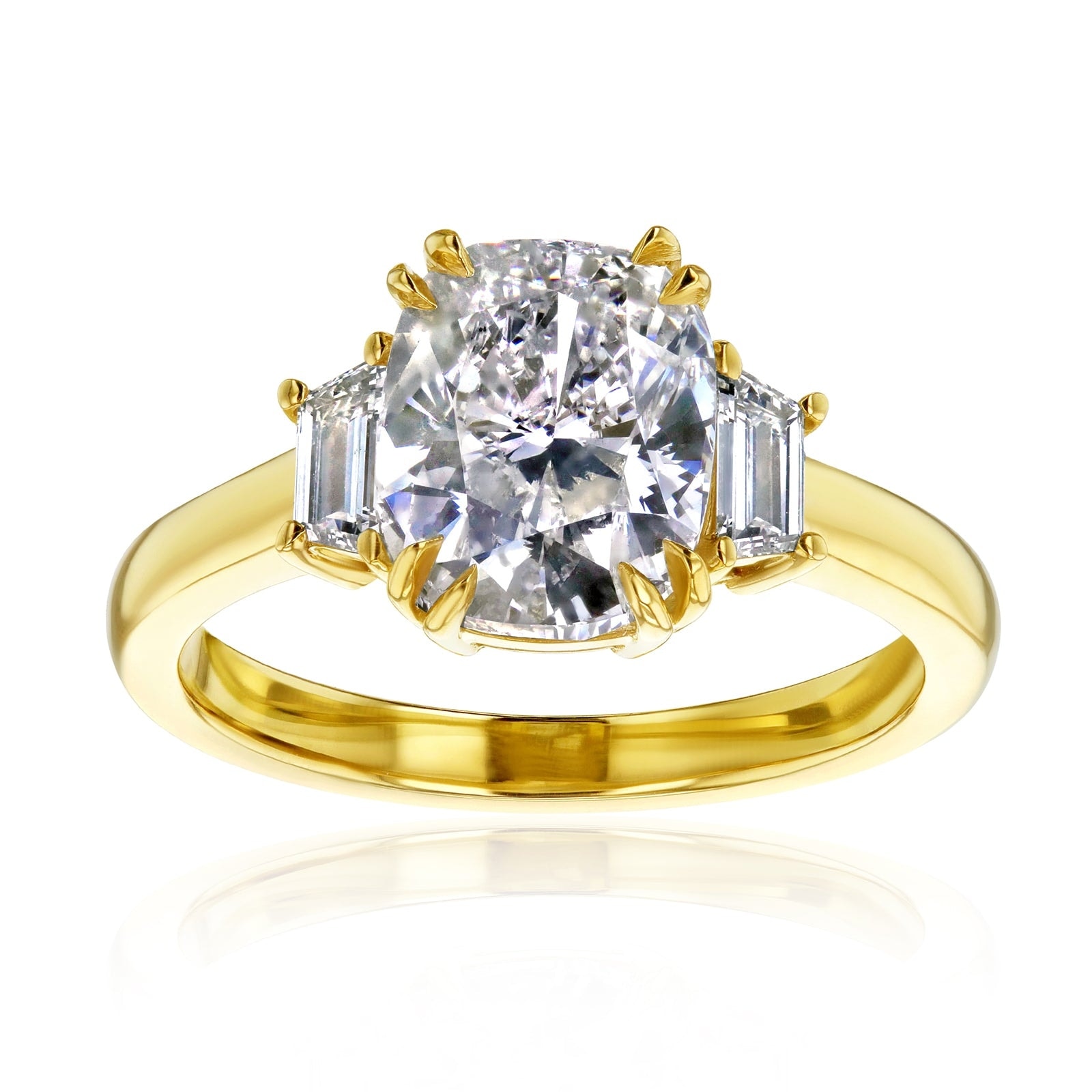 Kobelli 3.32 Carat Natural Diamond IGI Certified 18k Yellow Gold 3-Stone Cushion & Trapezoid Meghan Engagement Ring