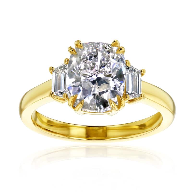 Kobelli 3.32 Carat Natural Diamond IGI Certified 18k Yellow Gold 3-Stone Cushion & Trapezoid Meghan Engagement Ring