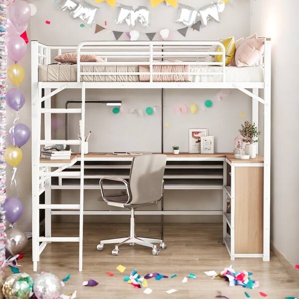 slide 2 of 13, Twin Size Metal Loft Bed with 3 Layers of Shelves and L-shaped Desk White