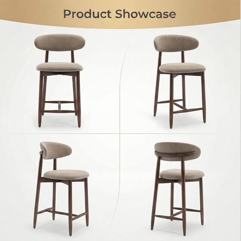Mid-Century Modern Upholstered Bar Stools Counter Height Wooden Bar Chairs with Backrest Footrest