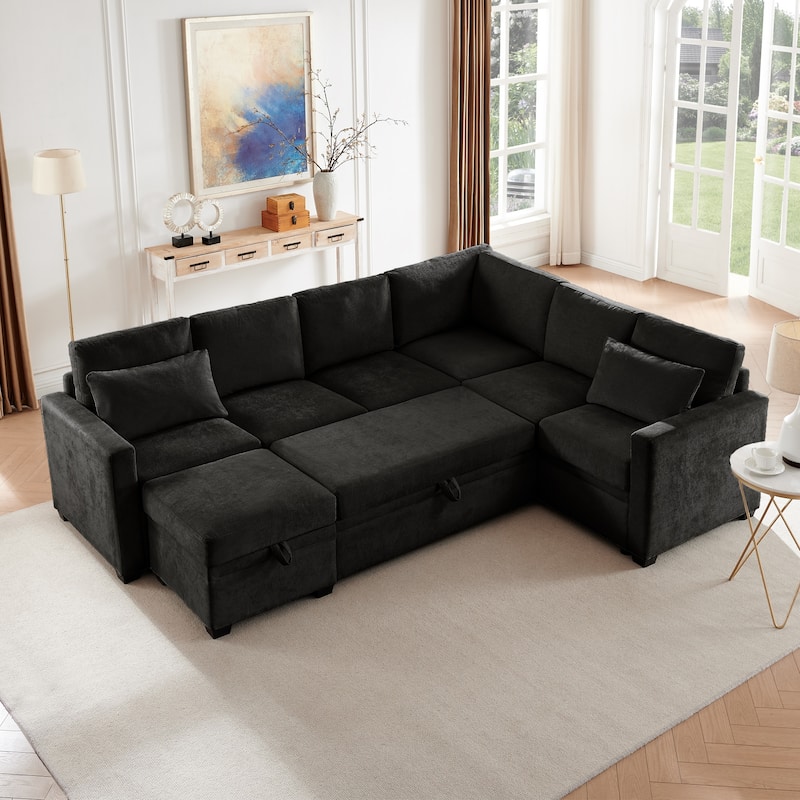 Modular Sectional Sleeper Sofa wPull Out Ottoman Bed U Shape Storage Bed