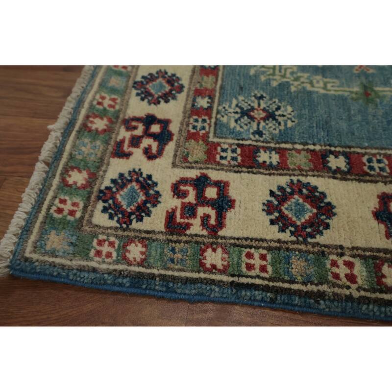Hand Knotted Oriental 100% Wool Carpet Traditional Geometric Navy Blue & Blues Kazak Runner Rug - 7' 11'' X 2' 8''