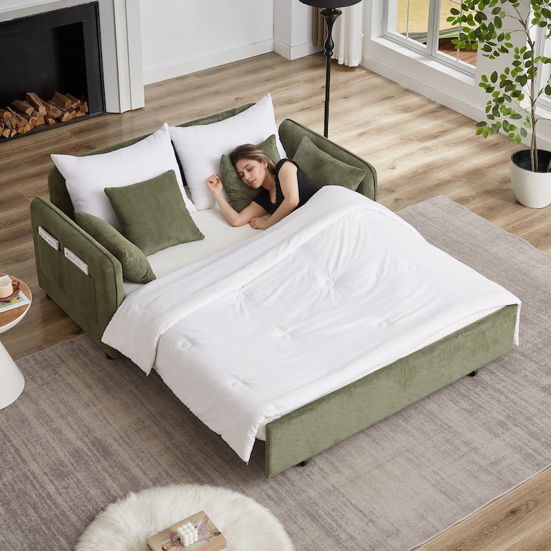 3-in-1 Pull Out Sleeper Sofa Bed, Convertible Corduroy Loveseat Couch with Casters, 4 Pillows and Side Pockets for Living Room