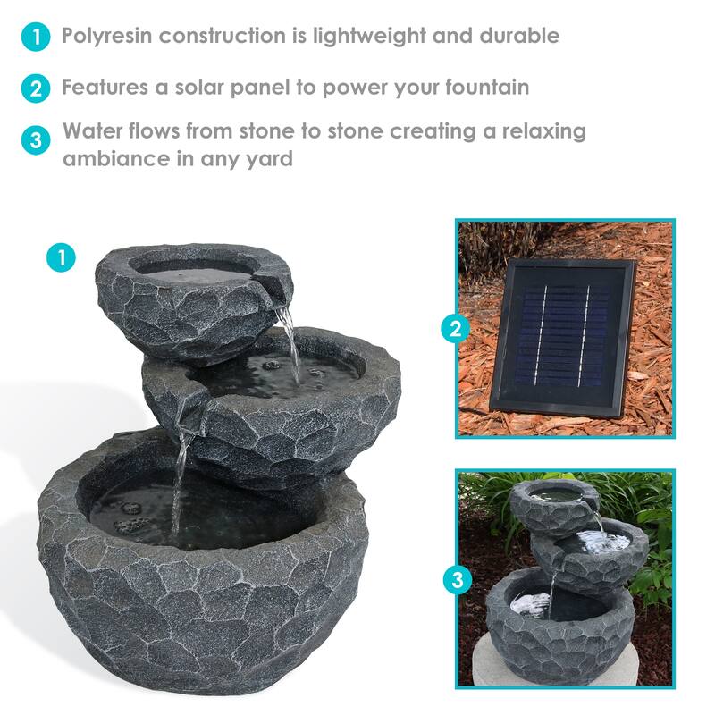 3-Tier Chiseled Basin Solar Outdoor Water Fountain with Battery - 17"