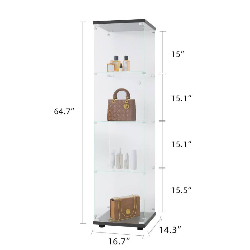 Glass Display Cabinet with 4 Shelves and Door, Floor Standing Curio Bookshelf for Office or Bedroom
