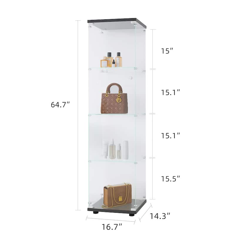 Tempered Glass Display Cabinet 4 Shelves with Door and Lock, Floor Standing Curio Bookshelf for Living Room Bedroom Office