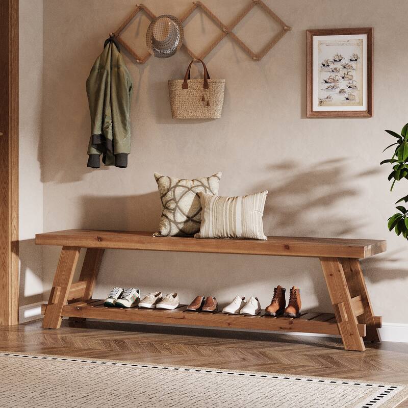 2 Tier Solid Wood Shoe Rack Bench for Entryway, 63 Inch Long Narrow Entryway Bench with Storage Shelf - Rustic Brown