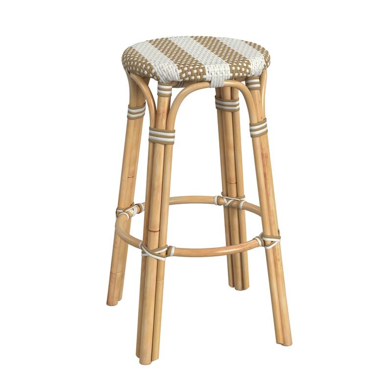 Tobias Rattan Round Bar Stool - Tan/White Stripe/ Natural Rattan Frame