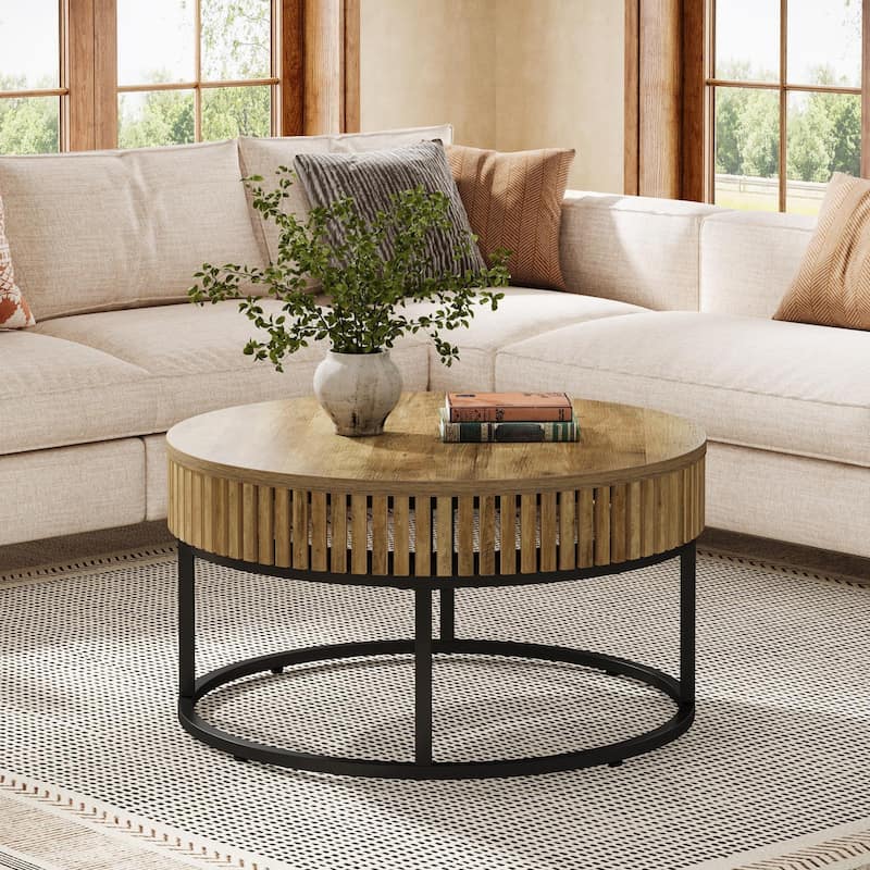 31.5" Round Coffee Table, Farmhouse Circle Cocktail Center Table for Living Room - Light Brown