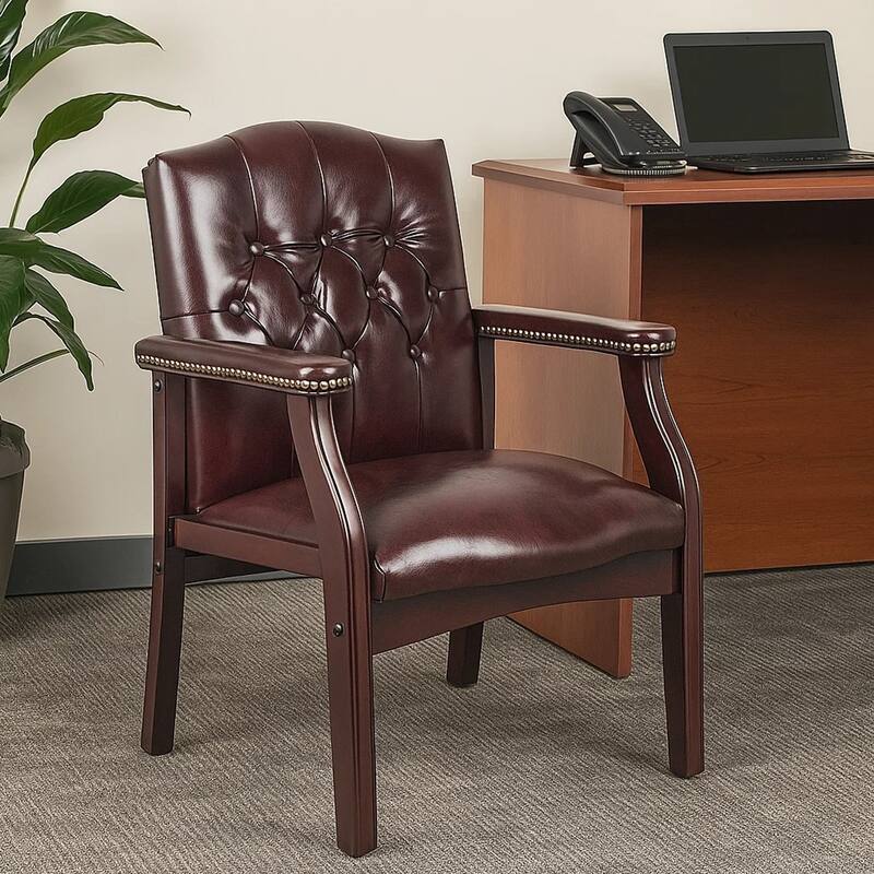 Koe Classic Reception Guest Armchair, Burgundy Tufted Vinyl, Wood Legs