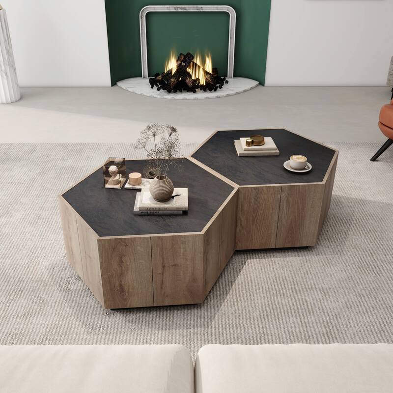 Hexagonal Rural Style Garden Retro Living Room Coffee Table with 2 drawers