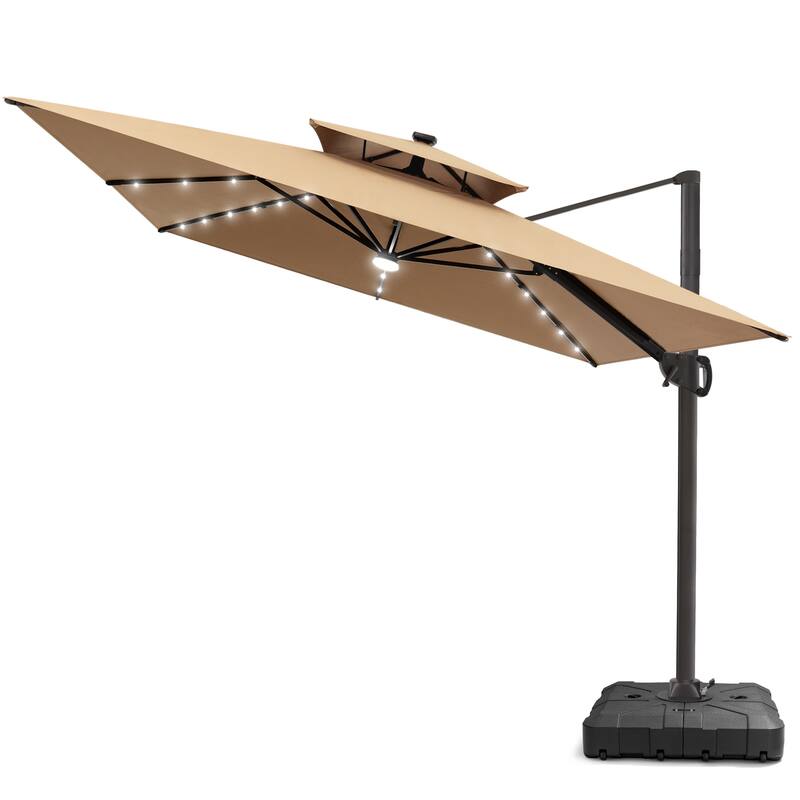 9 X 11 FT Outdoor Patio Cantilever Umbrella with Solar Lights All-Weather Wheeled Base Double Canopy 360 Rotation Tilt