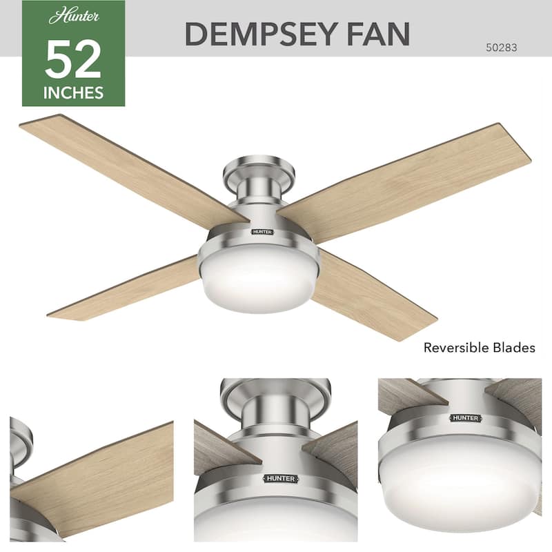 Hunter 52" Dempsey Flush Mount Ceiling Fan w/ LED Light Kit, Handheld Remote - Contemporary, Transitional - Low Profile