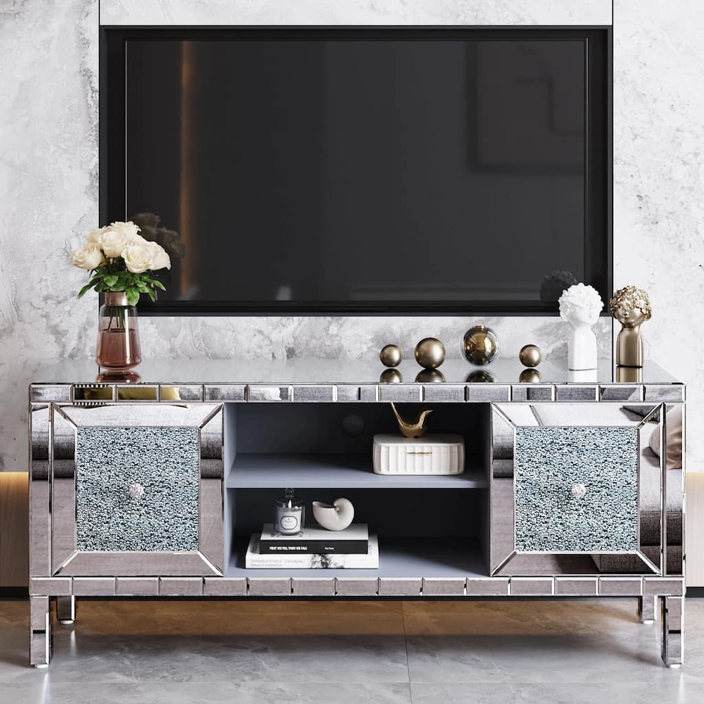 60" Mirrored TV Stand with Crushed Diamond Glass Doors - Modern Media Entertainment Center for Living Room