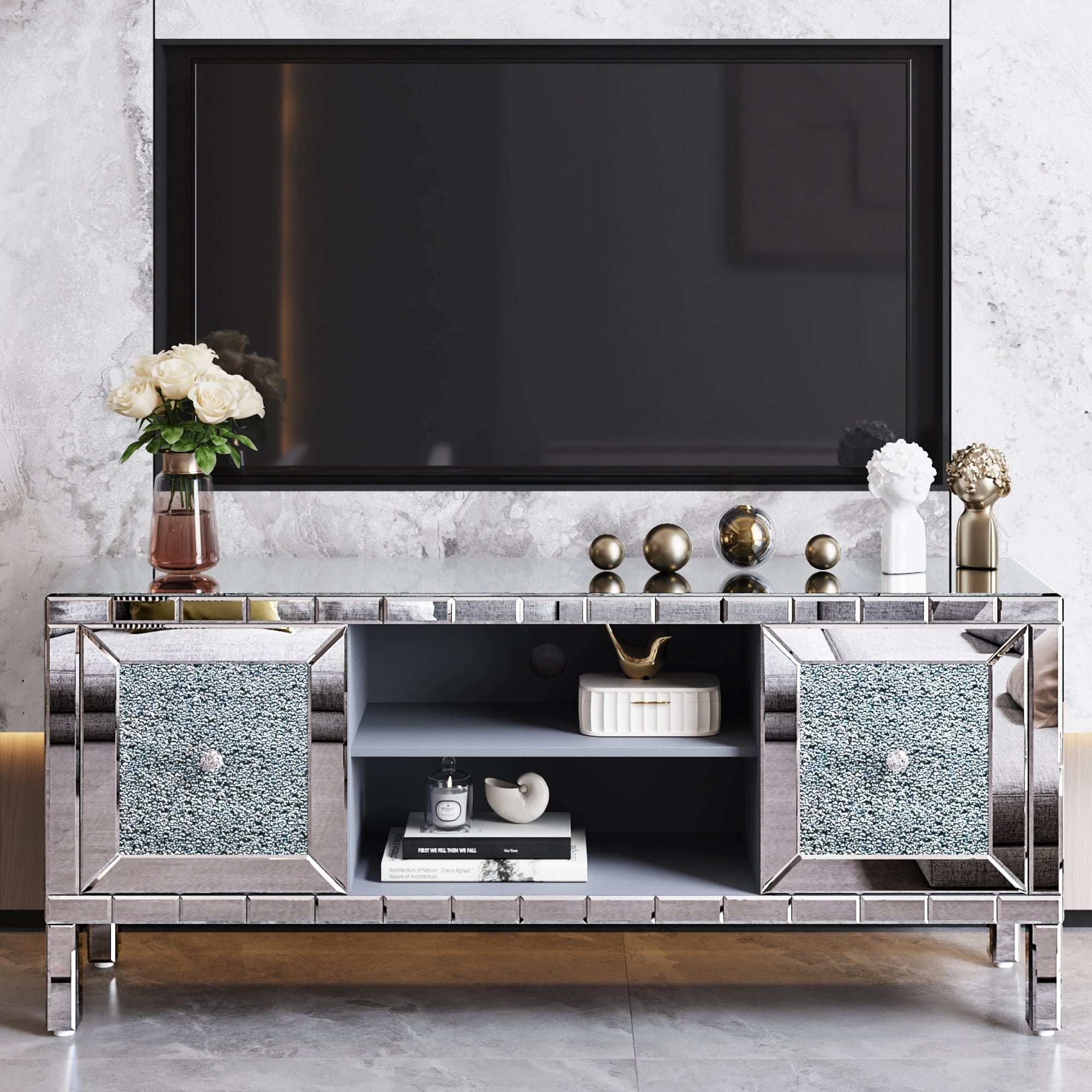 Roomfitters 60" Mirrored TV Stand for 65" TVs, Modern Entertainment Center with Crushed Diamond Glass Doors, Silver