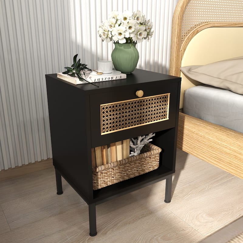 Set of 2 Farmhouse Coastal Rattan Nightstand for Bedroom, Black/ White End Table