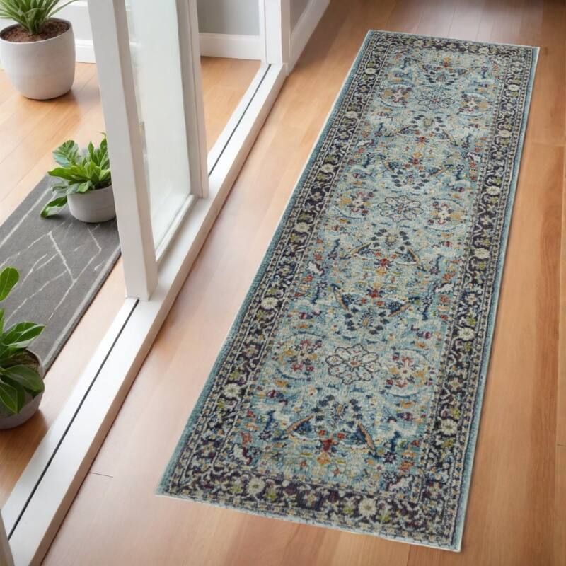 Donit Power Loomed Distressed Abstract Floral Traditional Non Skid Area Rug By HomeRoots - 72' X '24' X '0.5 - 72' X '24' X '0.5 - Sky Blue - Runner