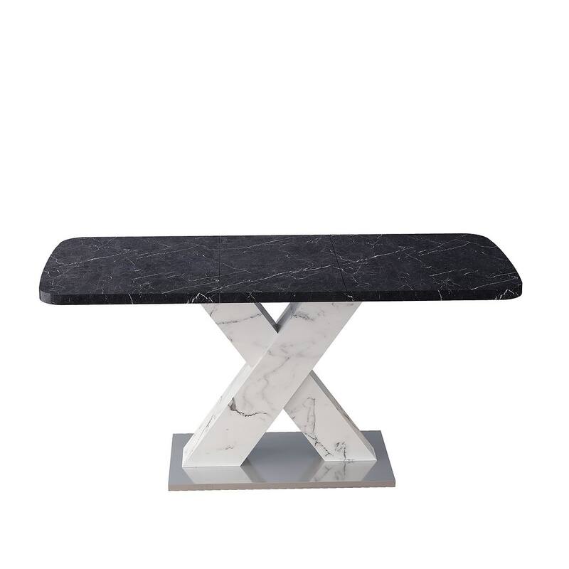 62.99" Faux Marble Rectangular Extendable Dining Table with X-Legs and Metal Base