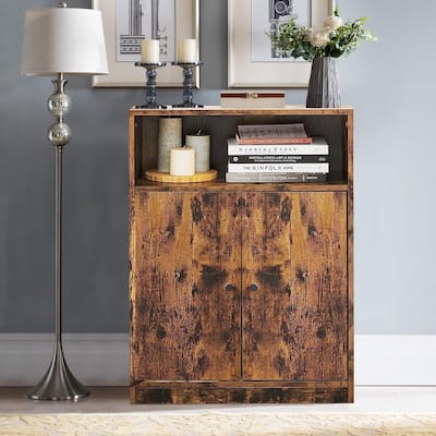 Adjustable 2-Tier Shelf Industrial Storage Cabinet, Durable Engineered Wood Bookcase-Organizer w/Door, Space Saver