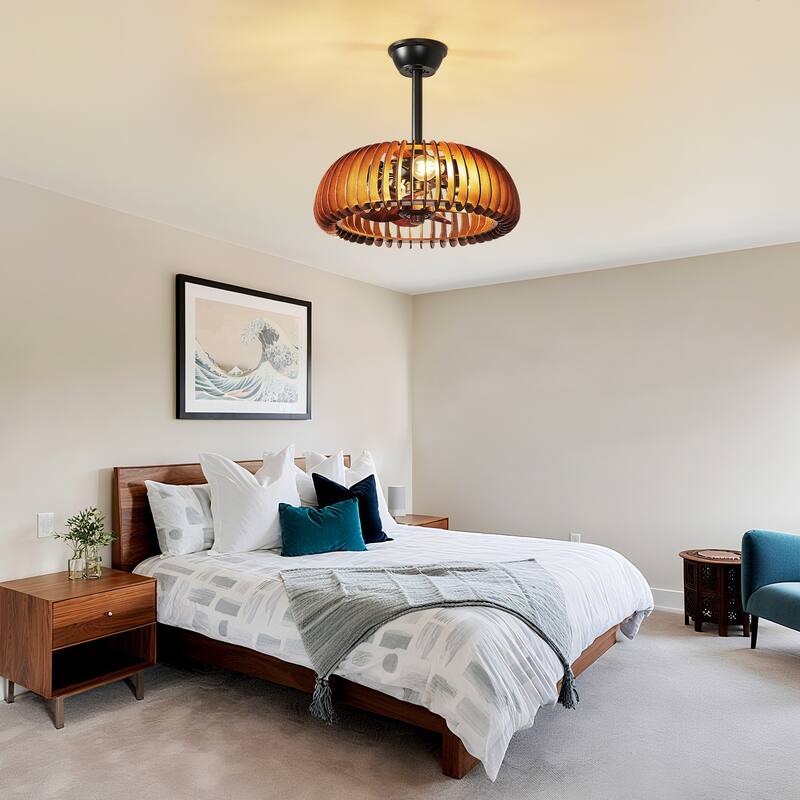 20" Ceiling Fan with Lantern for Kitchen, Farmhouse, Bedroom Ceiling Lights (6 Speeds, 1/2/4 Hour Timer) - Walnut