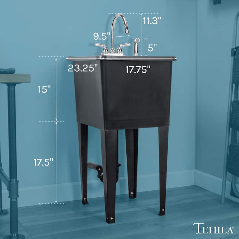 TEHILA Black 16-Gallon Space Saver Utility Sink Laundry Tub with Gooseneck Faucet