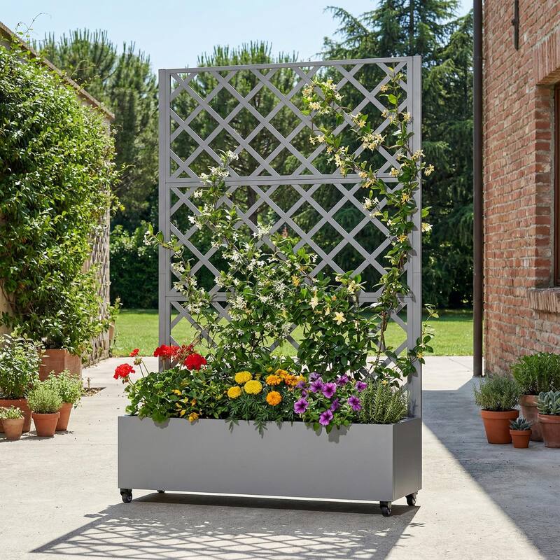 Raised Garden Bed Planter with Trellis Movable Planter Box with Lockable Wheels - Grey - 72*47