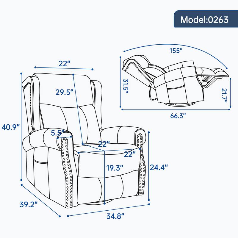 Genuine Leather Swivel Recliner Chair, Sofa Chair with Side Pockets, Manual Recliner Chair with Heat & Massage