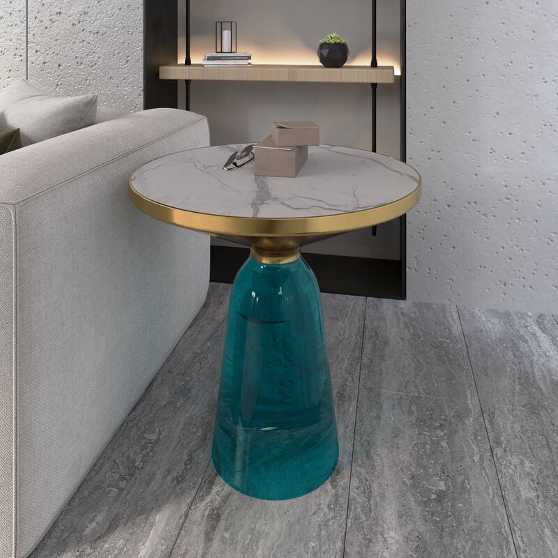 19-Inch Side Table Round Glass/Stone Tabletop End Table with Gold Iron Rim and Glass Base